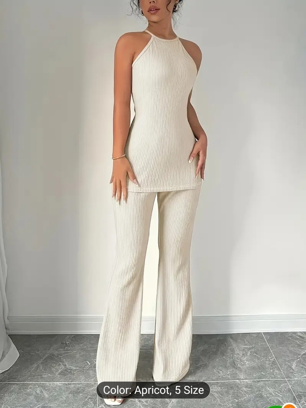 Ribbed Halter Tank & Wide-Leg Pants Set - Apricot